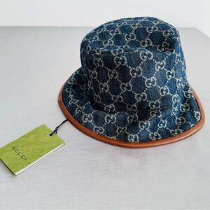 Gucci Navy Denim Monogram Bucket Hat with Brown Trim